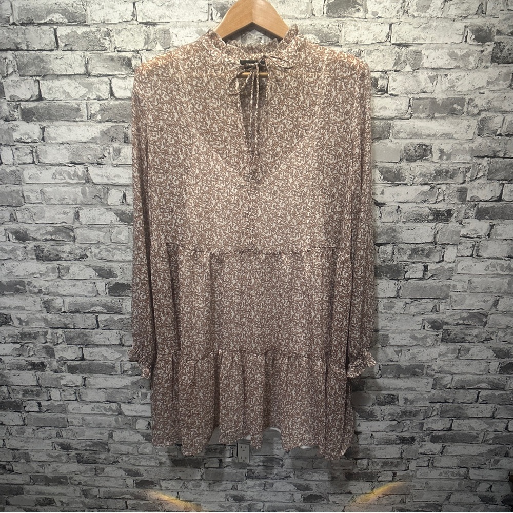 EUC New Look Brown Floral Long Sleeve Dress Size 14